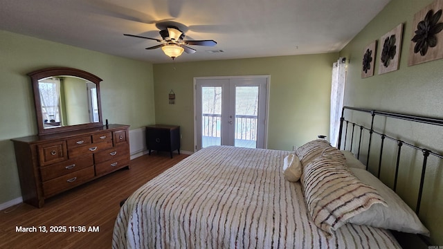 bedroom featuring visible vents, baseboards, dark wood finished floors, french doors, and access to outside