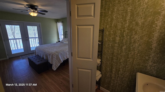 bedroom with access to exterior, ceiling fan, baseboards, french doors, and wood finished floors