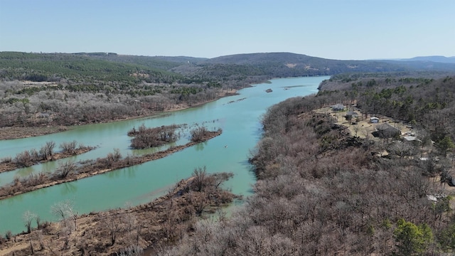 property view of water with a mountain view and a wooded view