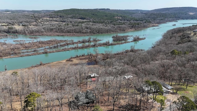 aerial view featuring a wooded view and a water view