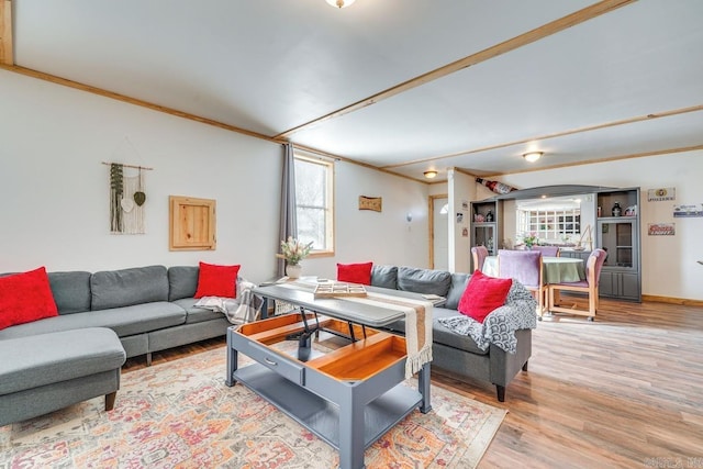 living area featuring crown molding, a healthy amount of sunlight, and wood finished floors