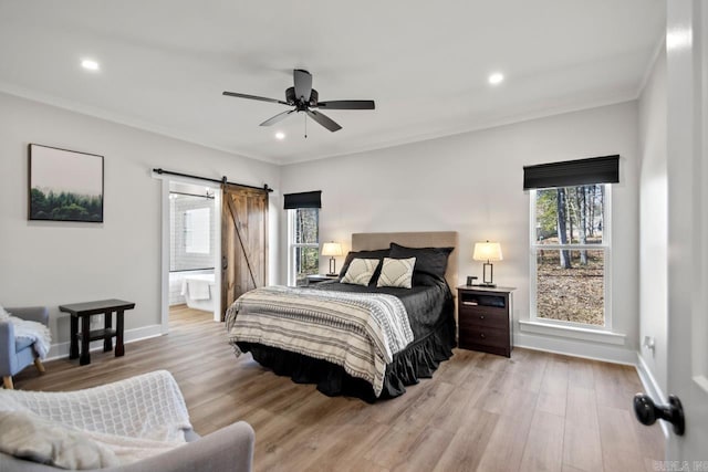 bedroom with recessed lighting, light wood-style floors, baseboards, and ornamental molding