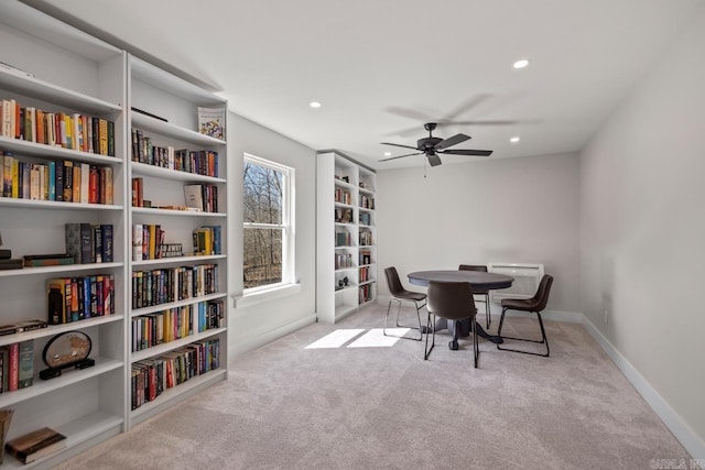 dining space featuring recessed lighting, baseboards, carpet, and ceiling fan