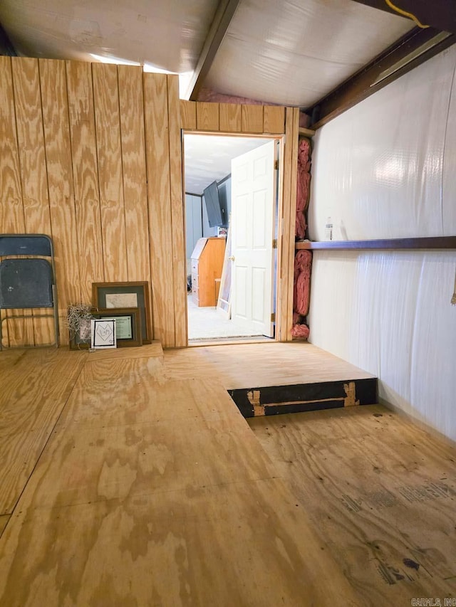 below grade area with wooden walls and wood finished floors