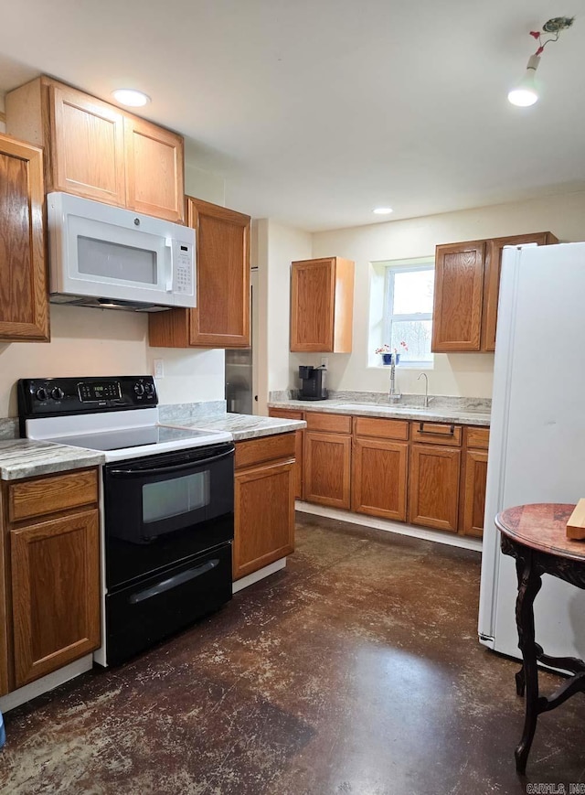 kitchen with a sink, recessed lighting, white appliances, brown cabinetry, and light countertops