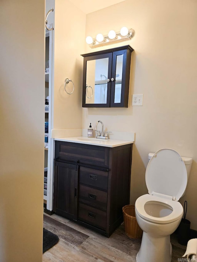 bathroom featuring toilet, wood finished floors, and vanity