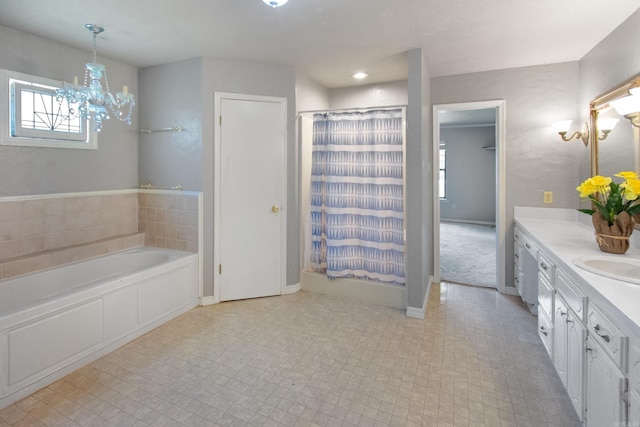 full bathroom featuring baseboards, a shower with curtain, a bath, a notable chandelier, and vanity