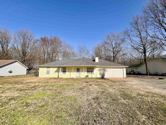 ranch-style home with a front lawn, a porch, a chimney, driveway, and an attached garage