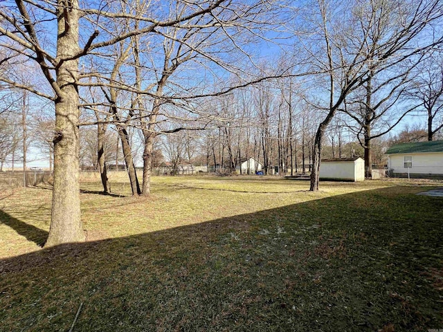 view of yard with a storage shed and an outbuilding