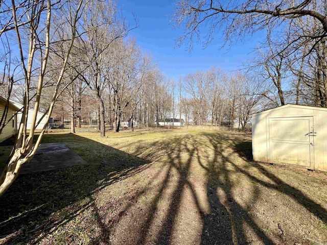 view of yard with a storage shed and an outbuilding