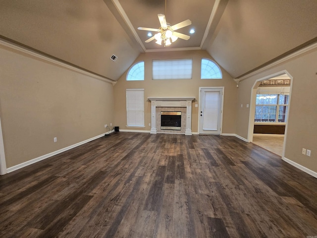 unfurnished living room with visible vents, ceiling fan, ornamental molding, a fireplace, and dark wood-style flooring