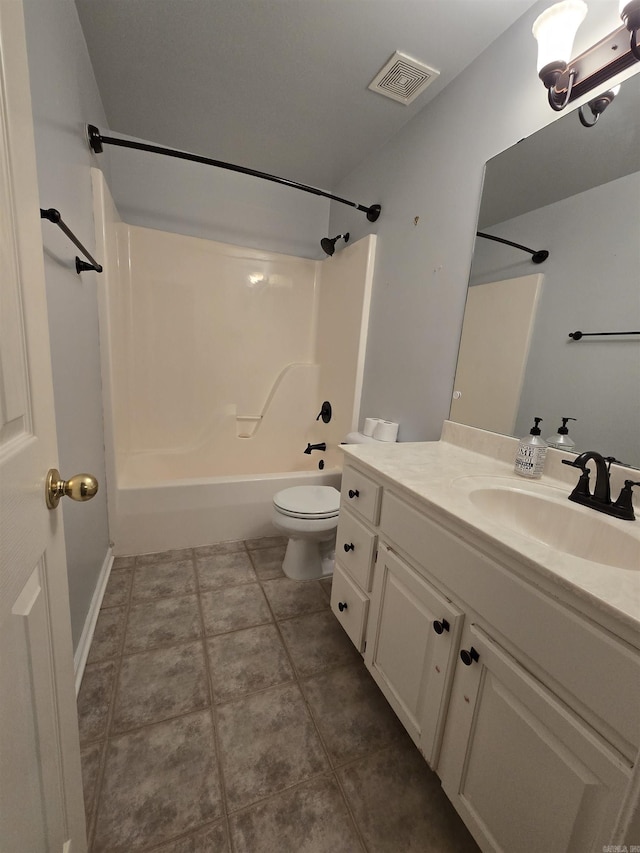 full bathroom featuring visible vents, toilet, bathing tub / shower combination, tile patterned floors, and vanity