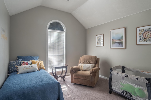 bedroom with carpet flooring, baseboards, and lofted ceiling