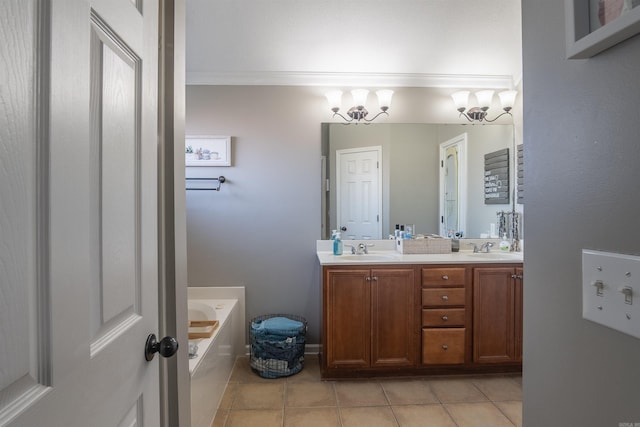 bathroom featuring a sink, a bath, double vanity, and tile patterned flooring