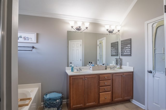 bathroom with double vanity, ornamental molding, a bath, and a sink