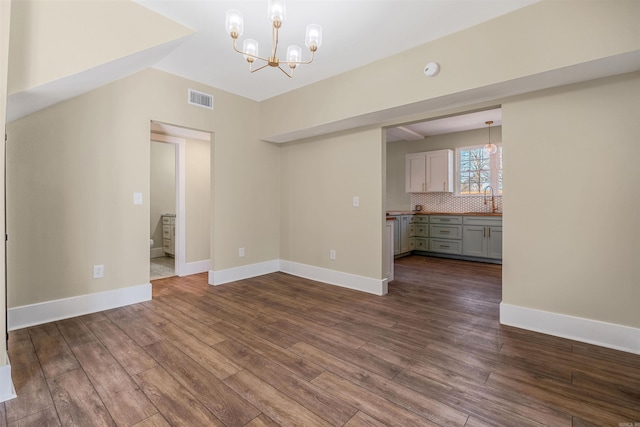 unfurnished living room featuring visible vents, dark wood-type flooring, a notable chandelier, a sink, and baseboards