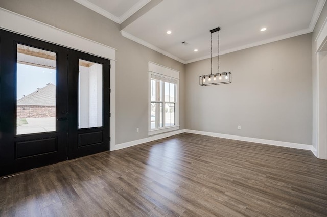 foyer featuring dark wood-style floors, baseboards, recessed lighting, french doors, and crown molding