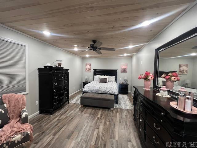 bedroom featuring a ceiling fan, wood finished floors, recessed lighting, baseboards, and wood ceiling