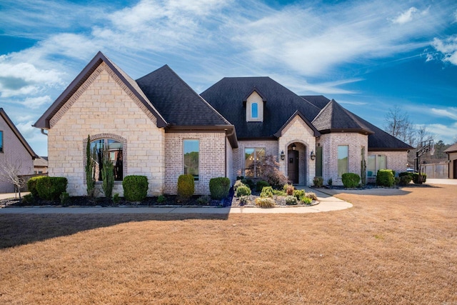 french country home with a front yard, brick siding, stone siding, and a shingled roof