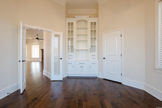 interior space featuring dark wood-type flooring, baseboards, a towering ceiling, and ornamental molding