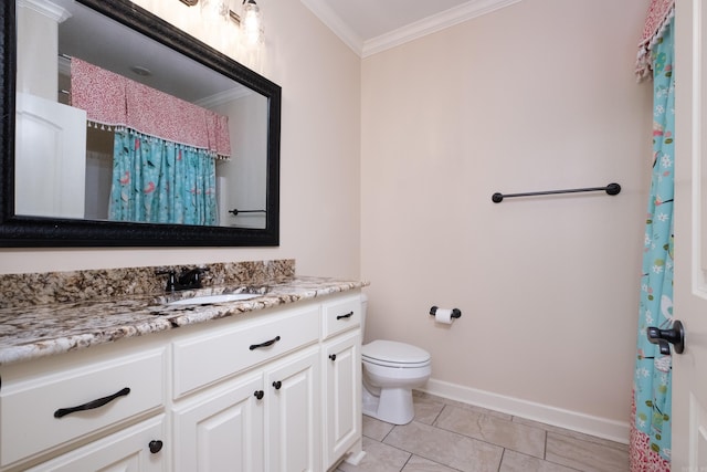 full bathroom featuring tile patterned flooring, crown molding, baseboards, toilet, and vanity