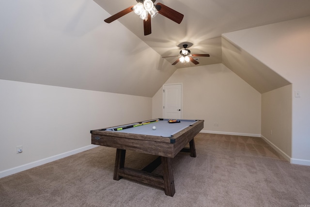 playroom with baseboards, vaulted ceiling, carpet flooring, billiards, and a ceiling fan