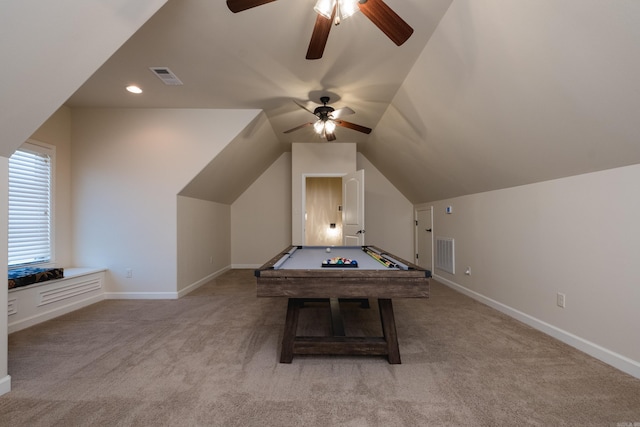 game room with visible vents, a ceiling fan, lofted ceiling, and carpet