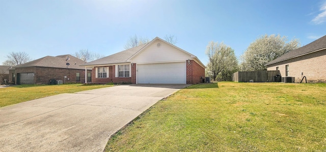 view of front facade with driveway, central AC, a front lawn, a garage, and brick siding