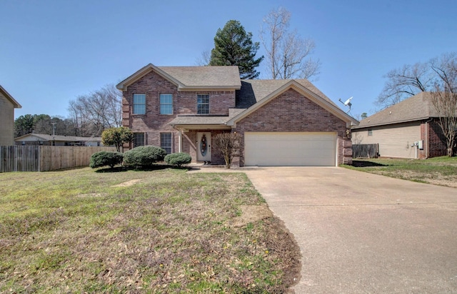 traditional-style house with concrete driveway, a garage, fence, and brick siding