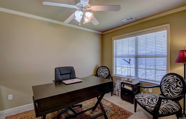 home office featuring a ceiling fan, baseboards, visible vents, light carpet, and crown molding