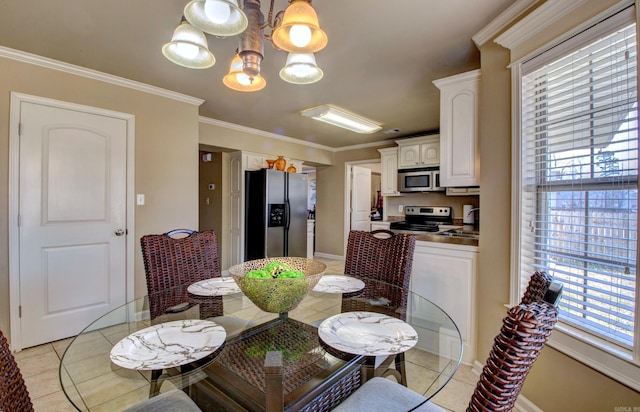 dining room with baseboards, an inviting chandelier, light tile patterned flooring, and crown molding