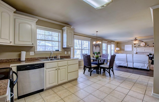 kitchen with a sink, dishwasher, light tile patterned flooring, and crown molding