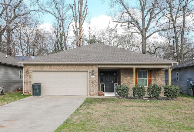 ranch-style home with brick siding, an attached garage, a shingled roof, a front yard, and driveway