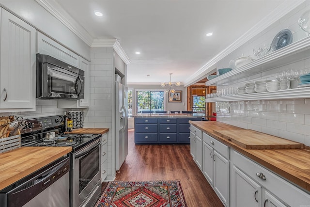 kitchen featuring open shelves, electric range, butcher block countertops, dishwasher, and crown molding