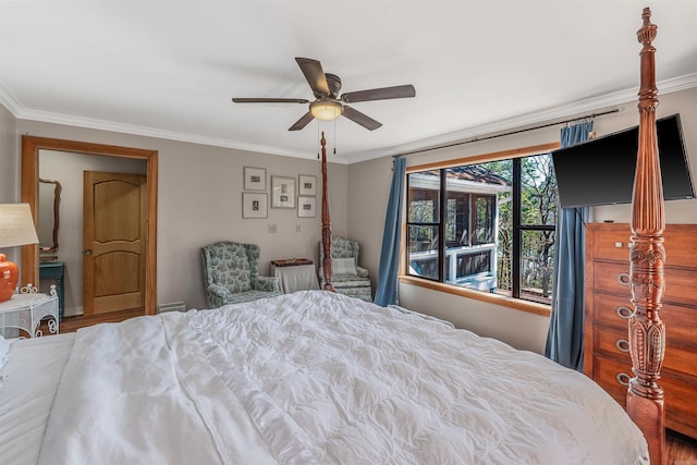 bedroom with ornamental molding and a ceiling fan