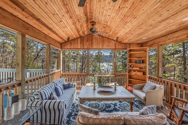 sunroom featuring wood ceiling, ceiling fan, and vaulted ceiling