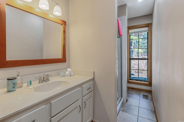 full bathroom with tile patterned flooring, visible vents, baseboards, a stall shower, and vanity