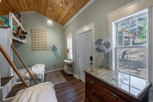 interior space featuring wooden ceiling, baseboards, dark wood-type flooring, and lofted ceiling