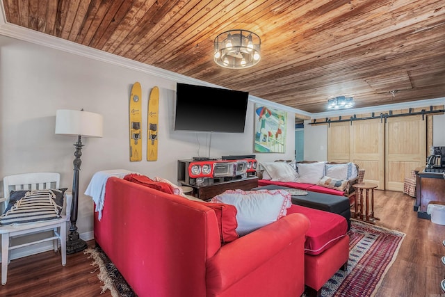 living room with wooden ceiling, wood finished floors, a barn door, and ornamental molding