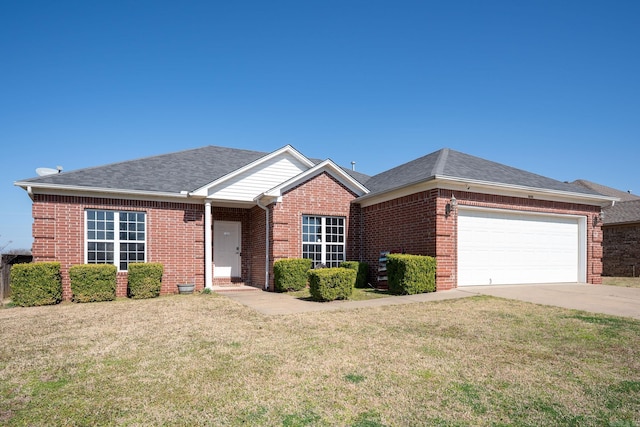 ranch-style house with brick siding, a front lawn, concrete driveway, roof with shingles, and an attached garage