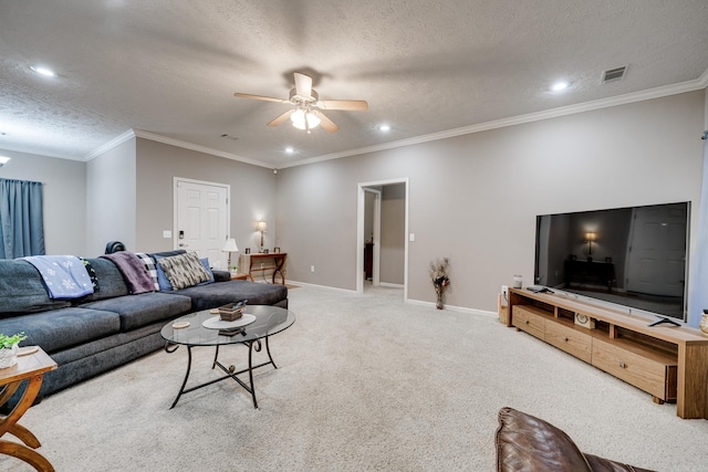 living room with baseboards, ceiling fan, carpet floors, recessed lighting, and a textured ceiling