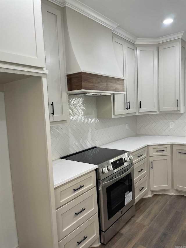 kitchen featuring backsplash, dark wood-type flooring, custom range hood, ornamental molding, and stainless steel range with electric cooktop