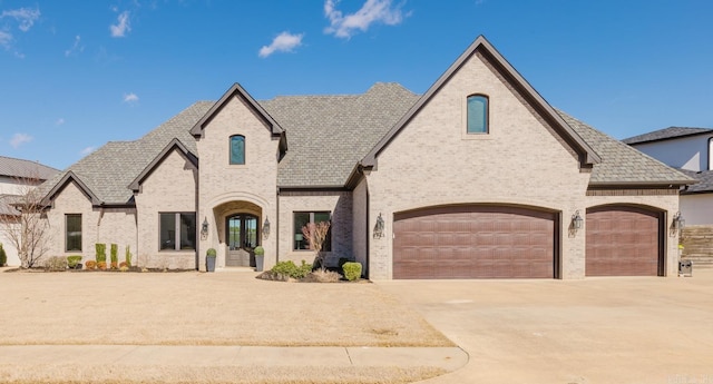 french country home featuring an attached garage, brick siding, and driveway