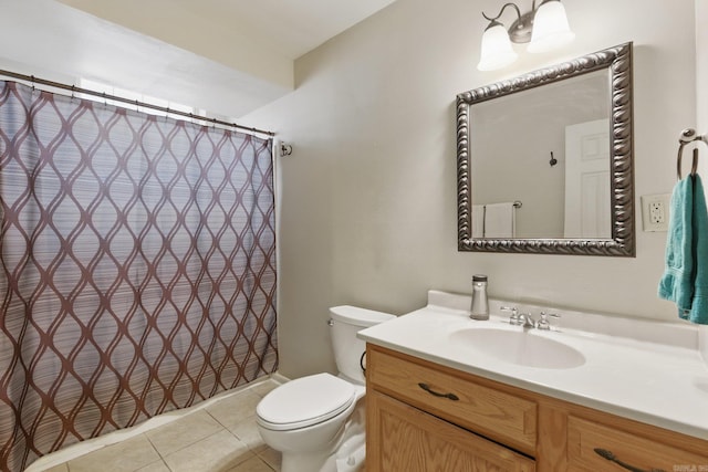 full bath with tile patterned floors, a shower with curtain, toilet, and vanity