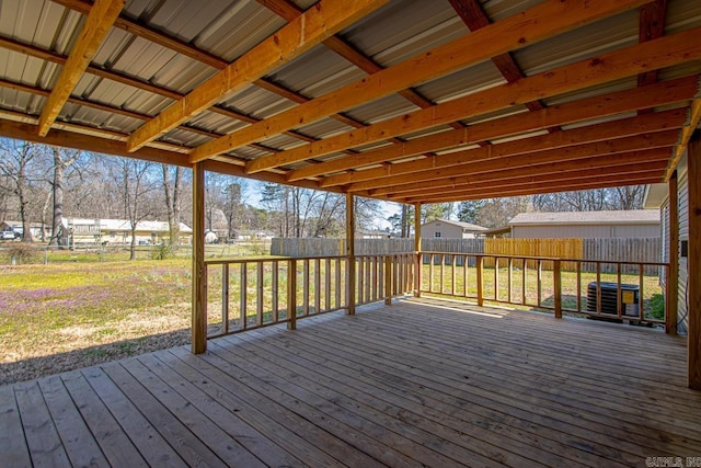 deck with central AC unit and a fenced backyard