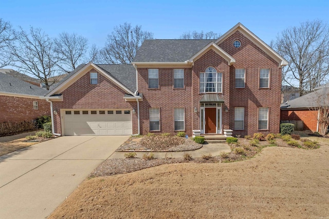 view of front facade featuring an attached garage, brick siding, driveway, and a shingled roof