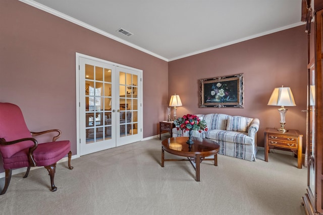 carpeted living room with crown molding, french doors, visible vents, and baseboards