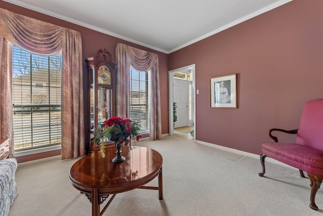 sitting room with baseboards, carpet, and ornamental molding