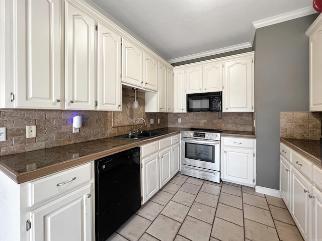 kitchen featuring a sink, black appliances, tile counters, crown molding, and tasteful backsplash