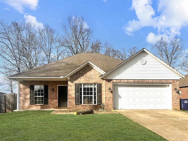 ranch-style home with brick siding, concrete driveway, a front yard, and fence